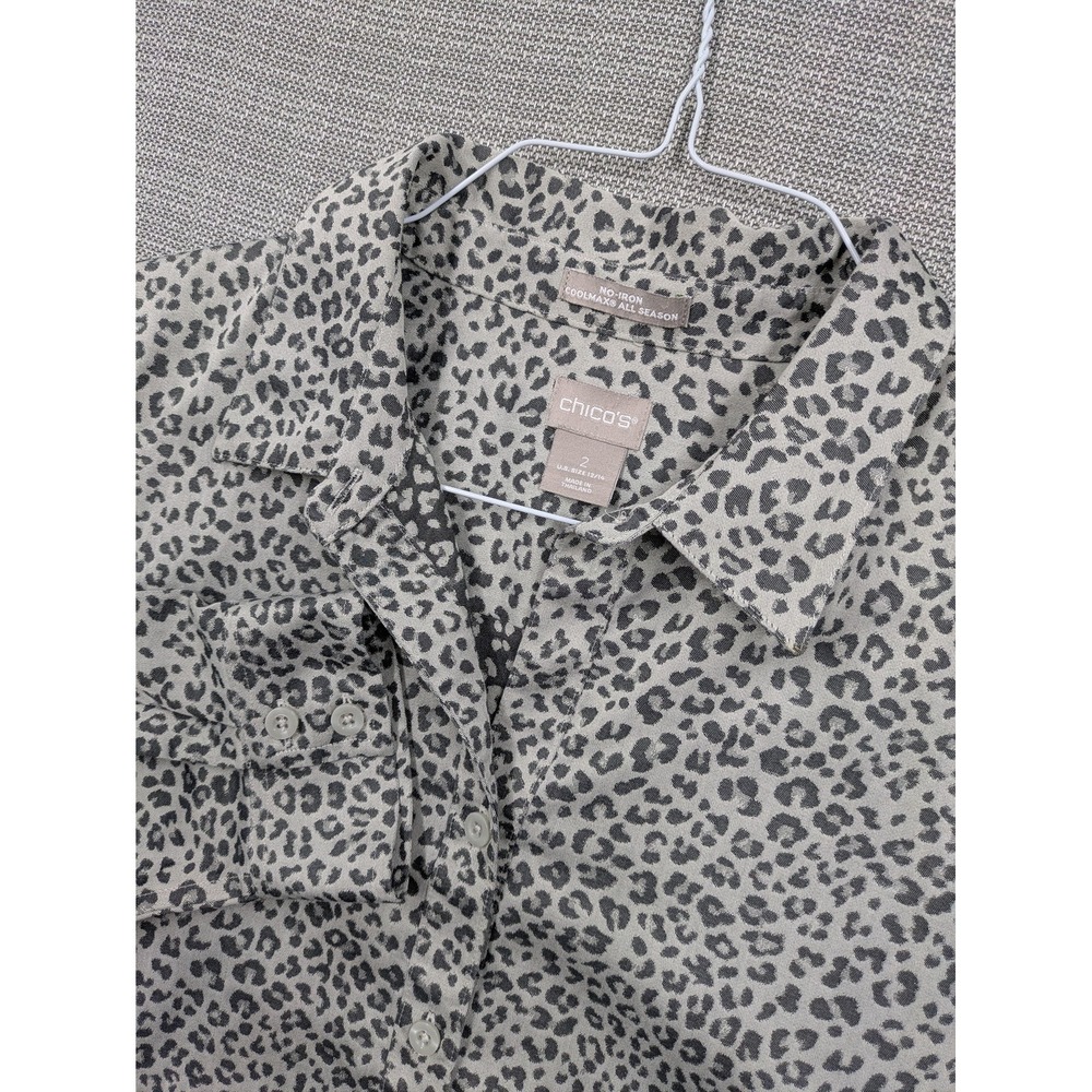 Chicos Shirt Womens 2 Beige Leopard Print No Iron Coolmax Long Sleeve Button Up